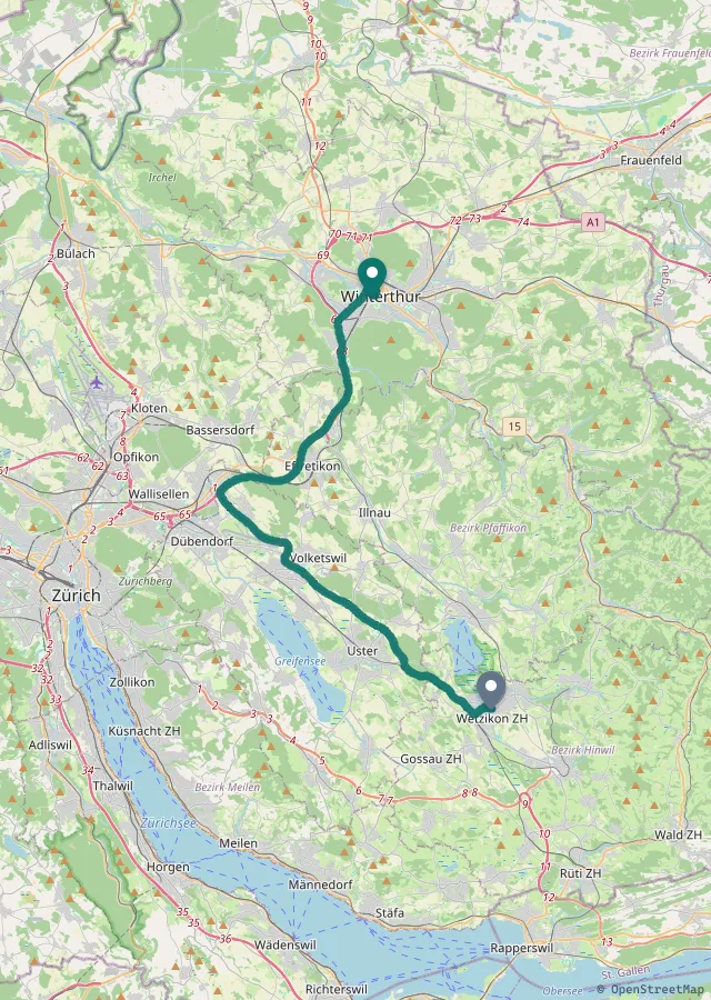 Beispiel einer Pendelroute von Wetzikon nach Winterthur
