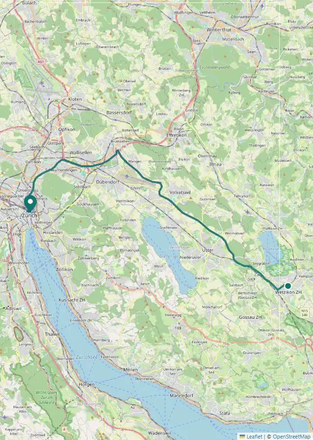 Karte der echten Pendelroute von Wetzikon nach Zürich, anonymisierter Treffer aus joeb.li